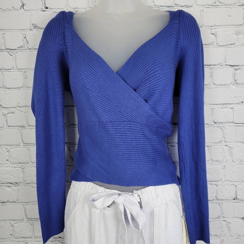 NWT Pink Rose Size S Faux Wrap Front Ribbed Cropped Sweater